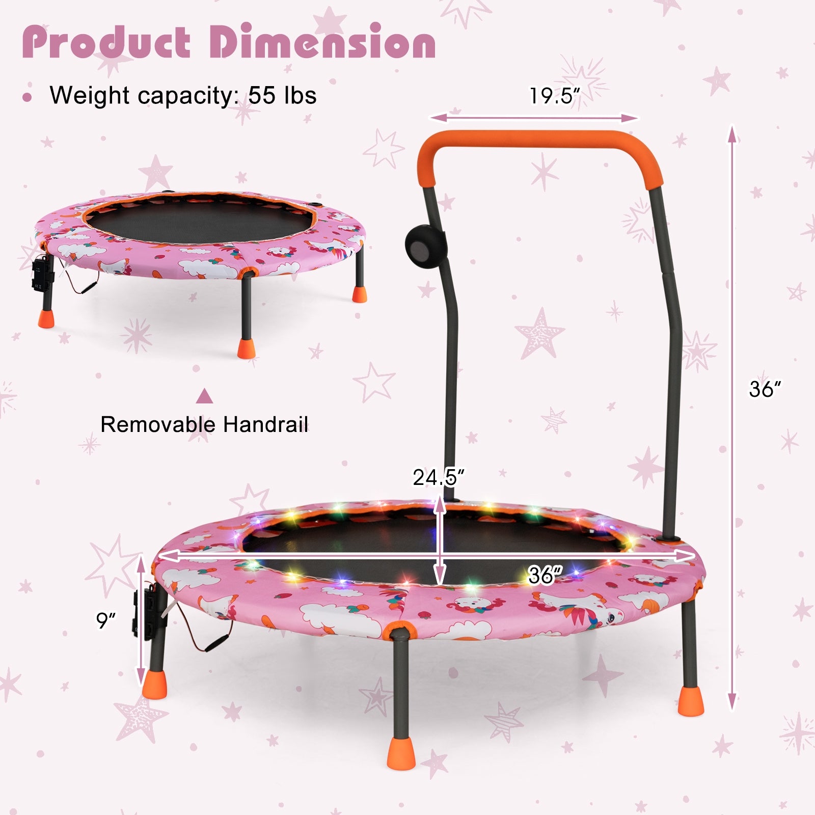 36 Inch Mini Trampoline with Colorful LED Lights and Bluetooth Speaker, Pink Trampolines at Gallery Canada