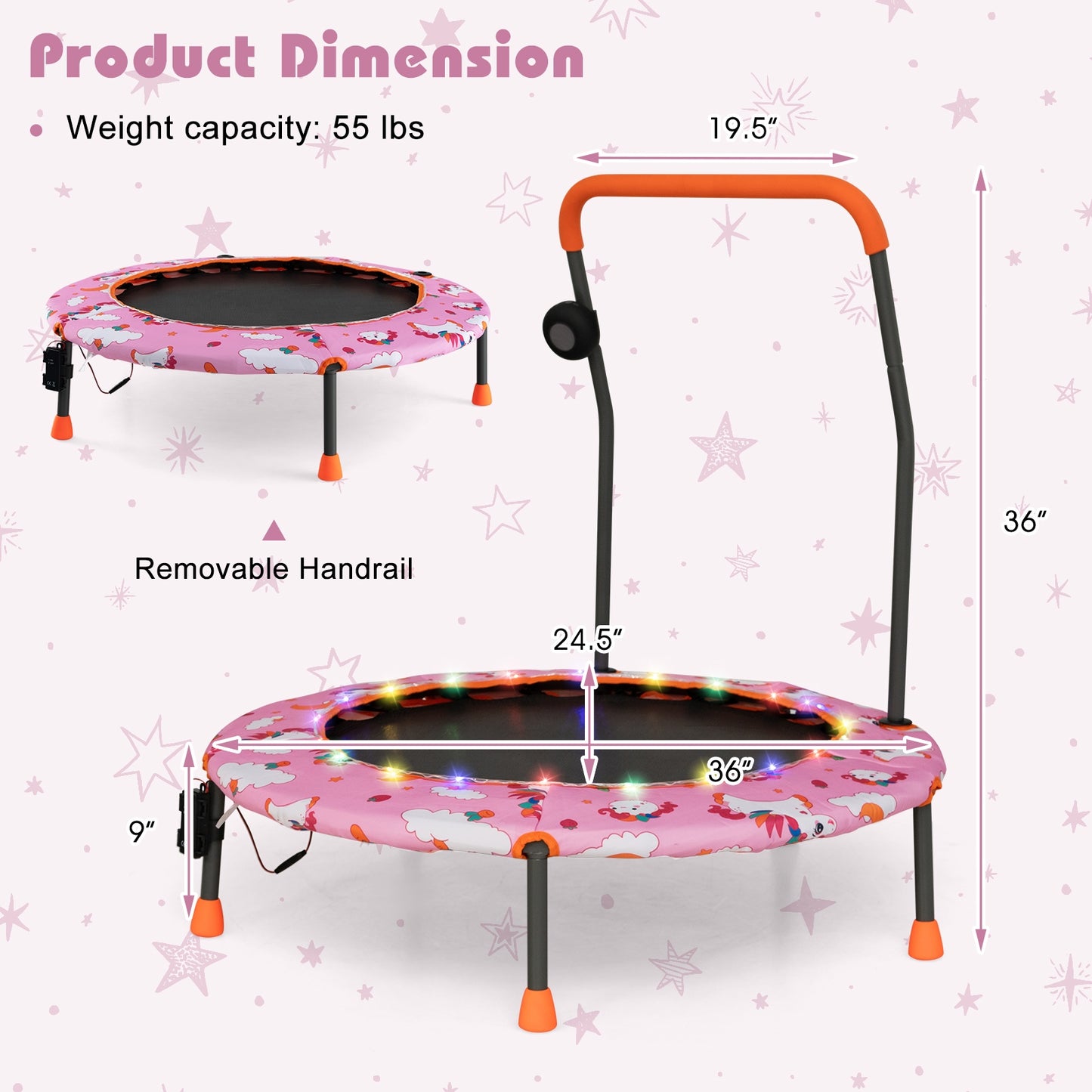 36 Inch Mini Trampoline with Colorful LED Lights and Bluetooth Speaker, Pink Trampolines at Gallery Canada