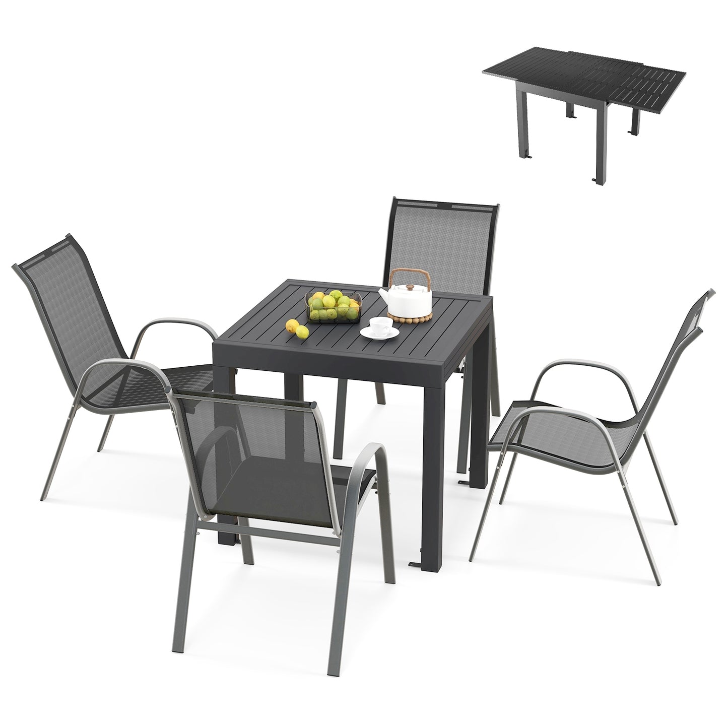 Ensemble de Table de Salle à Manger Extensible en Aluminium pour Extérieur avec 4 Chaises Empilables
