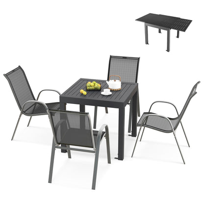 Ensemble de Table de Salle à Manger Extensible en Aluminium pour Extérieur avec 4 Chaises Empilables