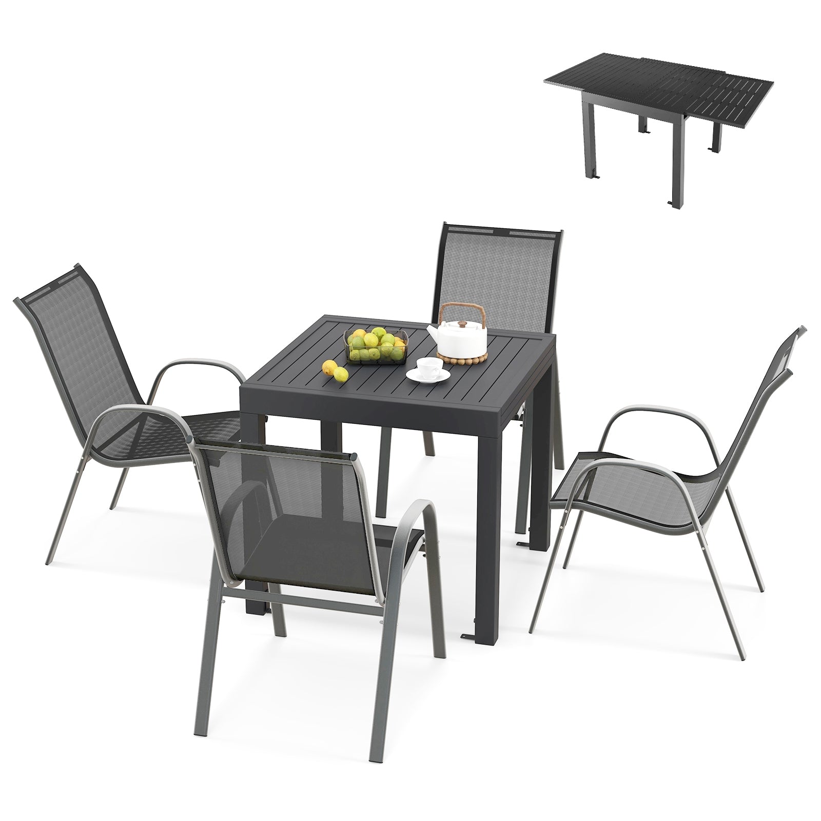 Outdoor Dining Table Set with Extendable Aluminum Table and 4 Stackable Chairs Patio Dining Sets Dark Gray, Black, Gray at Gallery Canada
