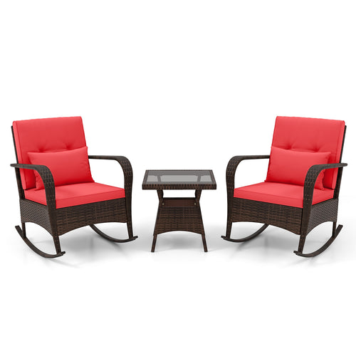 Outdoor Rocking Set, 3 Pieces, Tempered Glass Coffee Table, Red