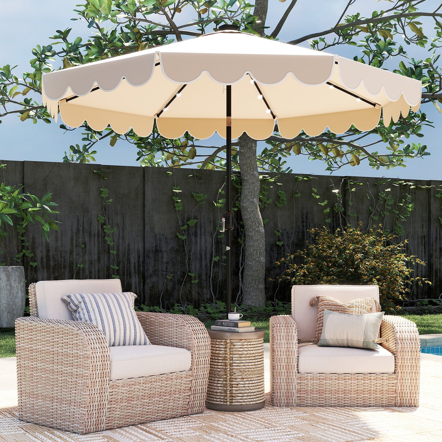 10 Feet Solar Patio Umbrella with 24 LED Lights, Beige Outdoor Umbrellas at Gallery Canada
