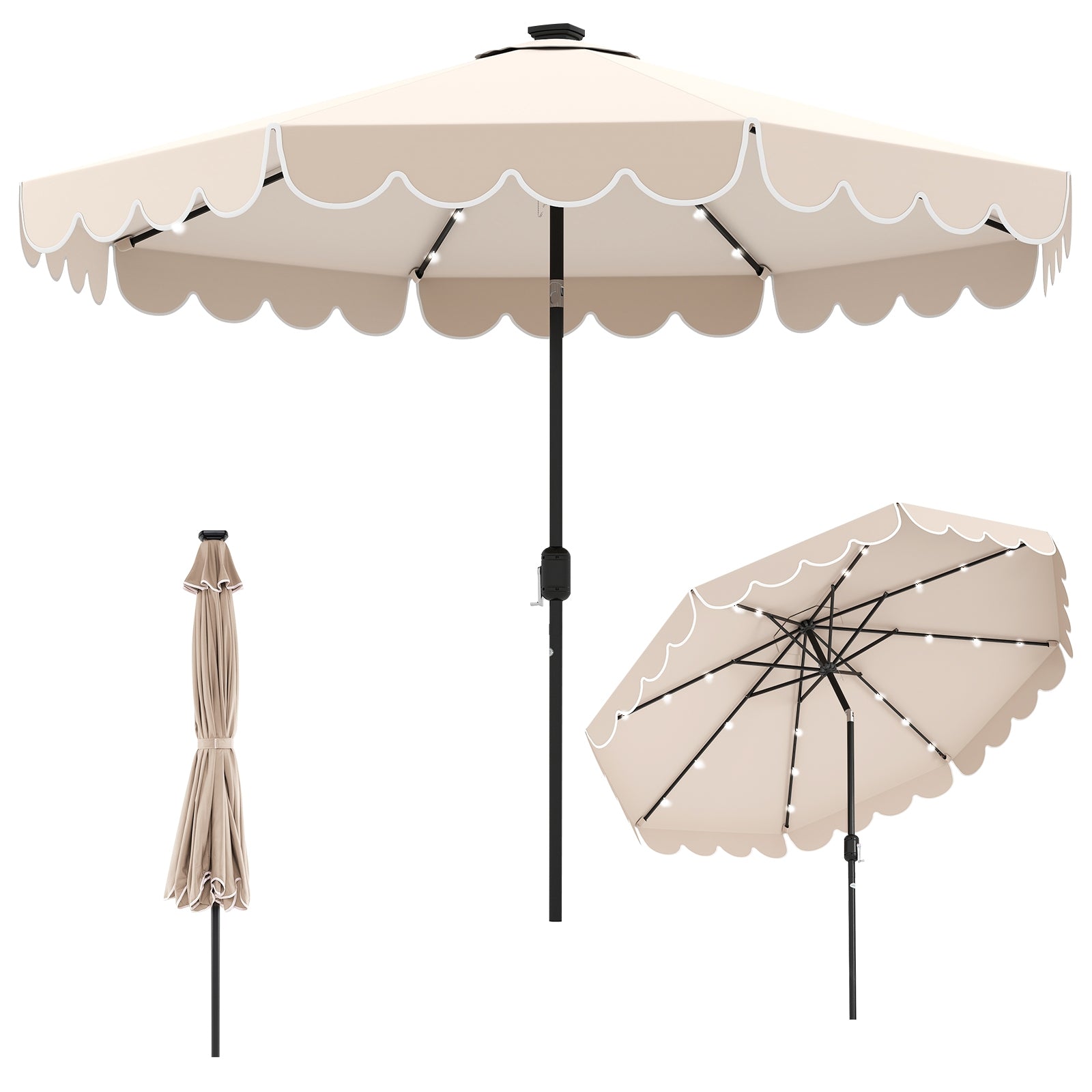 10 Feet Solar Patio Umbrella with 24 LED Lights, Beige Outdoor Umbrellas Beige at Gallery Canada