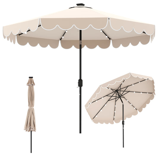10 Feet Solar Patio Umbrella, 24 LED Lights, Beige