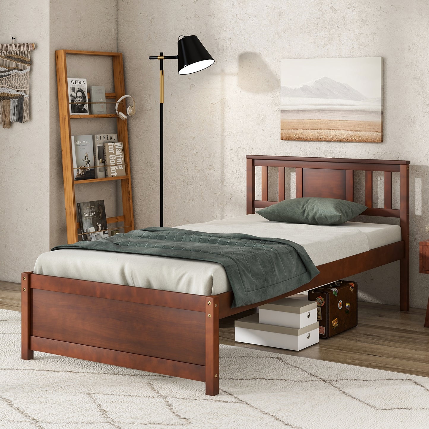 Wooden Platform Bed with Headboard and Slat Support-Twin Size, Walnut Simple Bed Frame at Gallery Canada