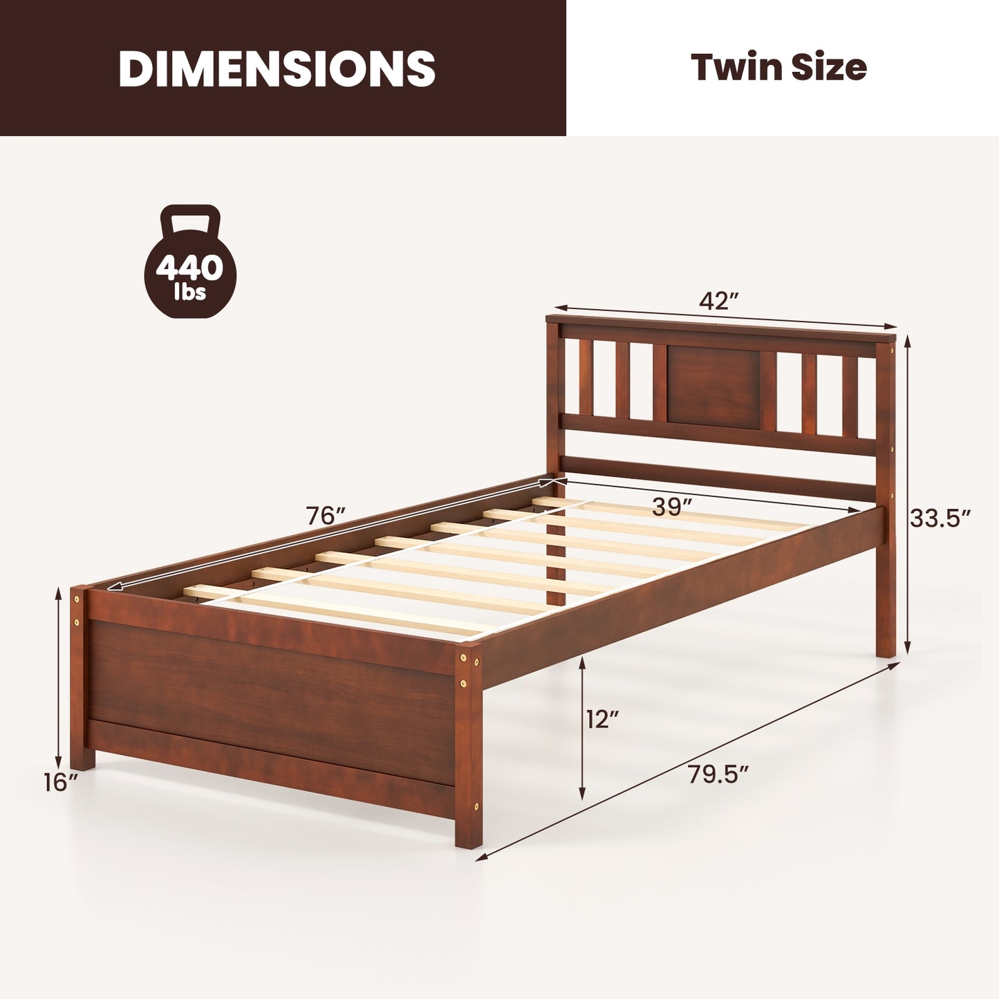 Wooden Platform Bed with Headboard and Slat Support-Twin Size, Walnut Simple Bed Frame at Gallery Canada