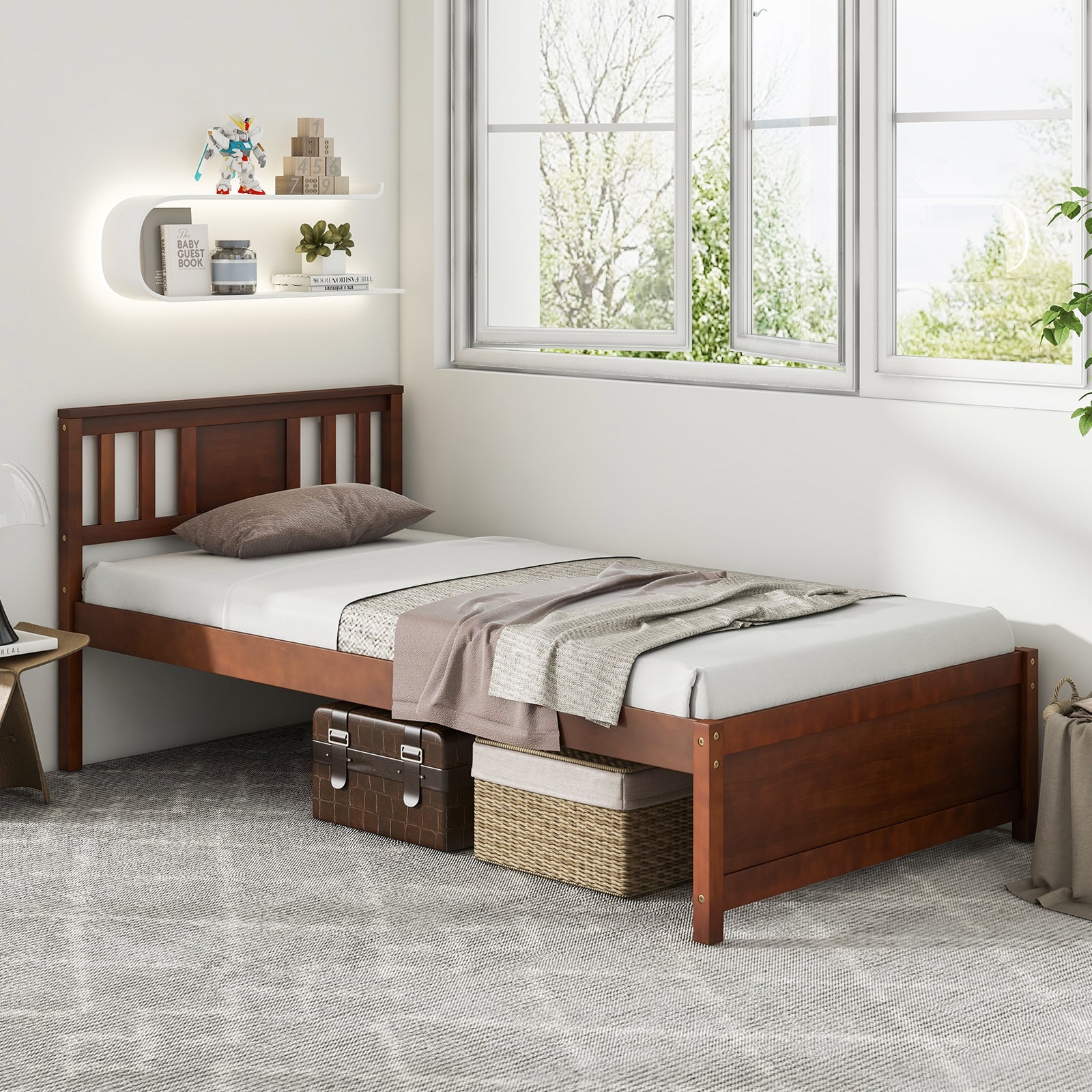 Wooden Platform Bed with Headboard and Slat Support-Twin Size, Walnut Simple Bed Frame at Gallery Canada