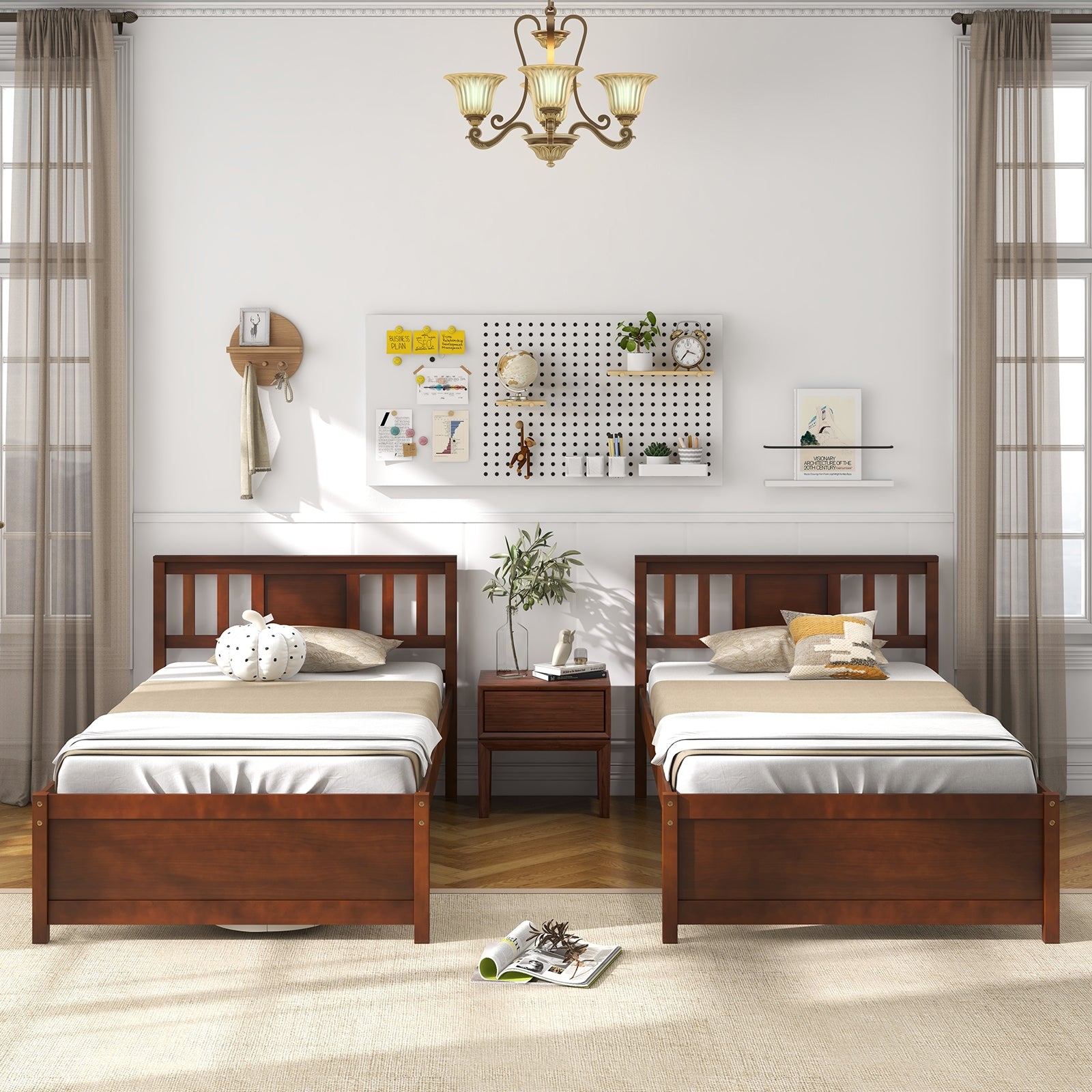 Wooden Platform Bed with Headboard and Slat Support-Twin Size, Walnut Simple Bed Frame at Gallery Canada
