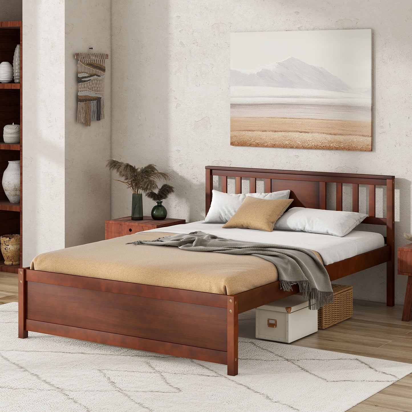 Wooden Platform Bed with Headboard and Wood Slat Support-Full Size, Walnut Simple Bed Frame at Gallery Canada