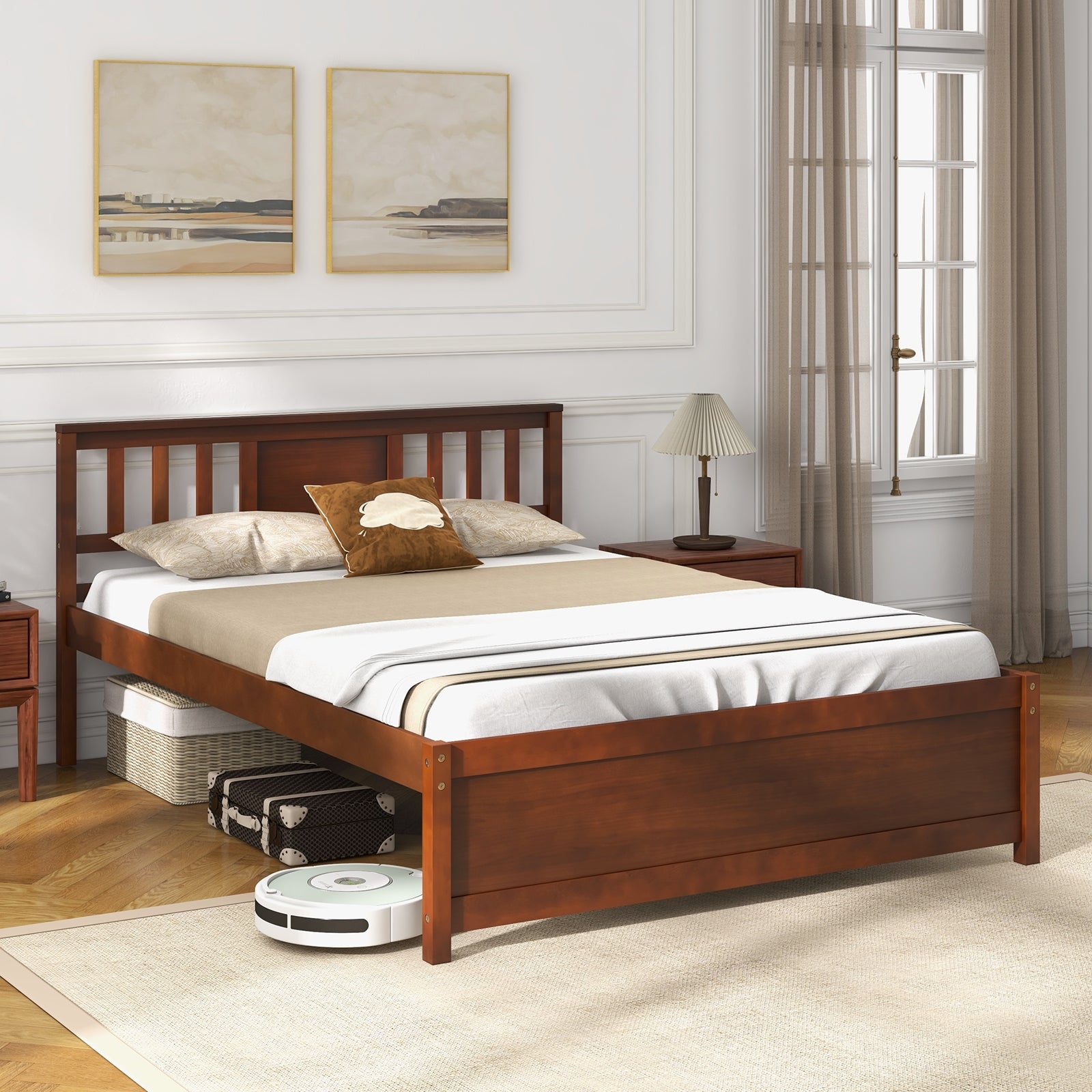 Wooden Platform Bed with Headboard and Wood Slat Support-Full Size, Walnut Simple Bed Frame at Gallery Canada