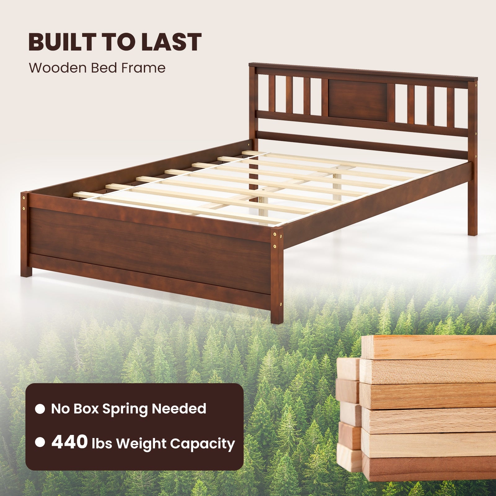 Wooden Platform Bed with Headboard and Wood Slat Support-Full Size, Walnut Simple Bed Frame at Gallery Canada