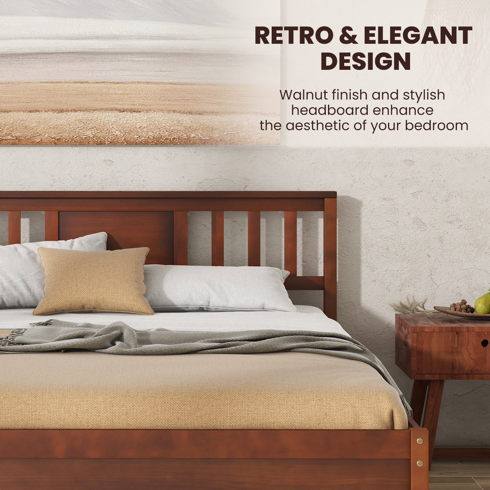 Wooden Platform Bed with Headboard and Wood Slat Support-Full Size, Walnut Simple Bed Frame at Gallery Canada