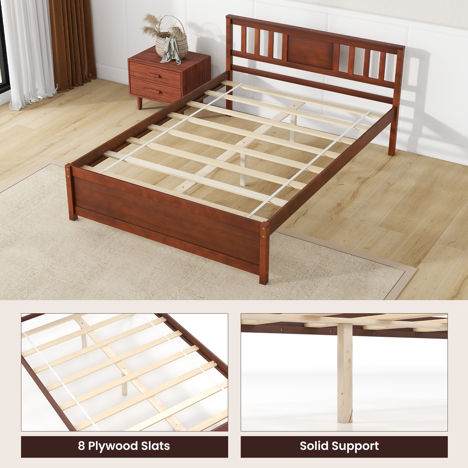 Wooden Platform Bed with Headboard and Wood Slat Support-Full Size, Walnut Simple Bed Frame at Gallery Canada