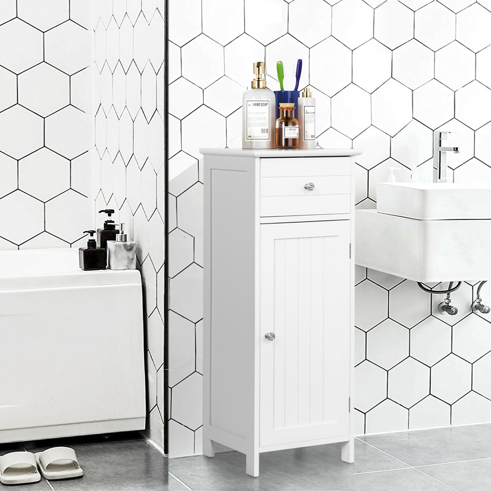 Wooden Bathroom Floor Storage Cabinet With Drawer, White Floor Cabinets at Gallery Canada