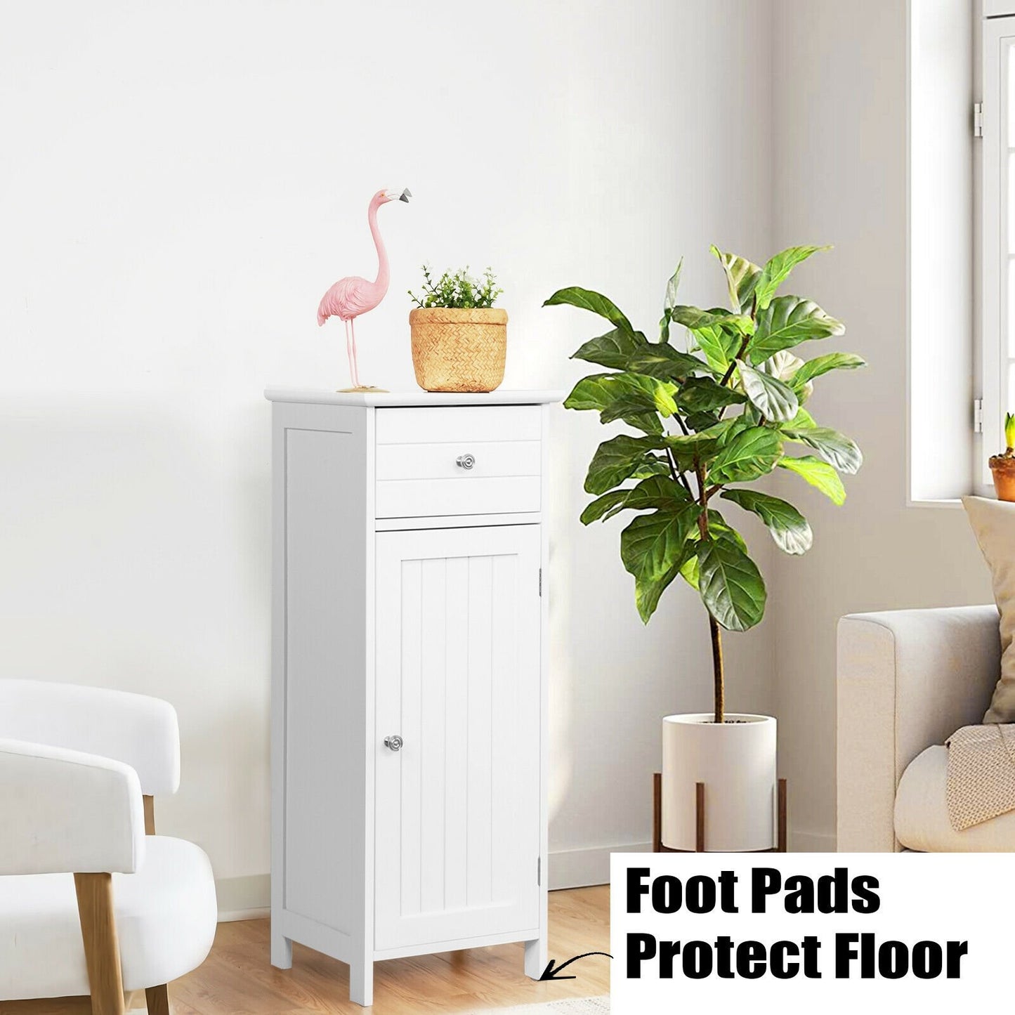 Wooden Bathroom Floor Storage Cabinet with Drawer and Shelf, White - Gallery Canada