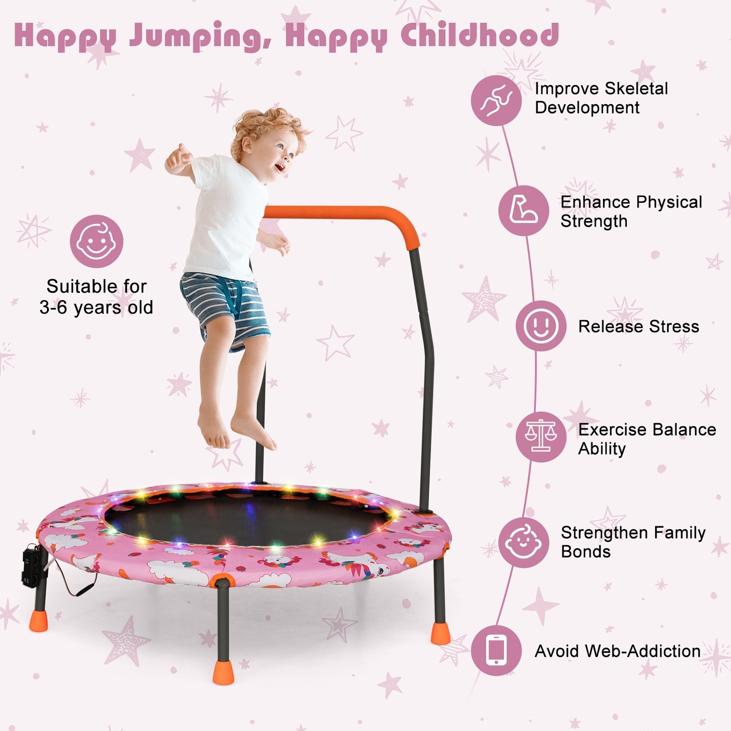36 Inch Mini Trampoline with Colorful LED Lights and Bluetooth Speaker, Pink Trampolines at Gallery Canada