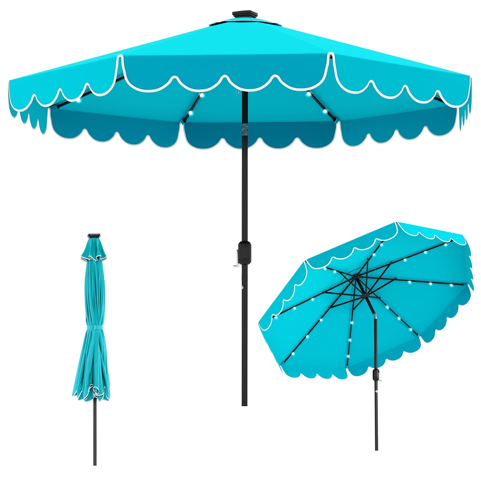 10 Feet Solar Patio Umbrella, 24 LED Lights, Turquoise Outdoor Umbrellas Turquoise at Gallery Canada