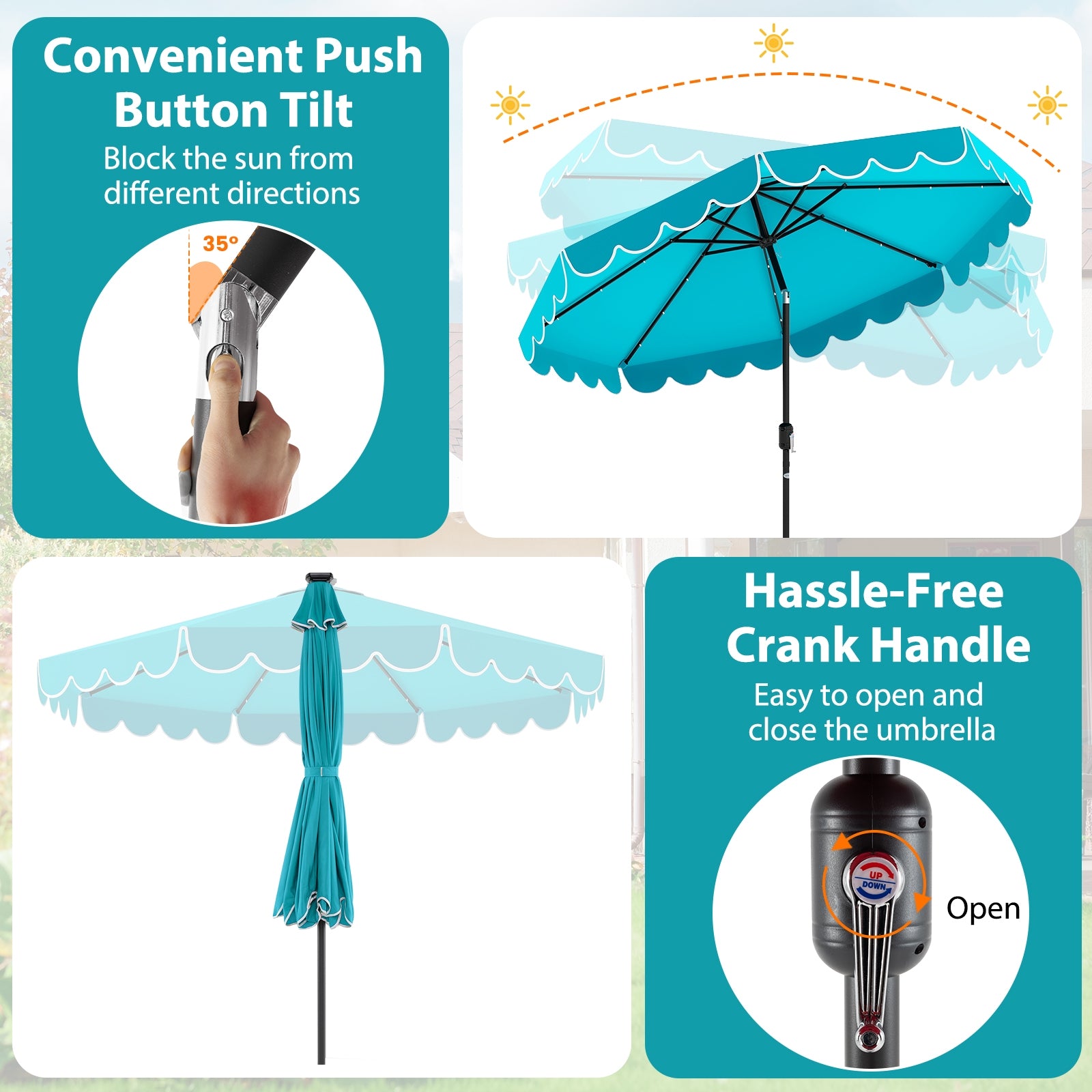 10 Feet Solar Patio Umbrella with 24 LED Lights, Turquoise Outdoor Umbrellas at Gallery Canada