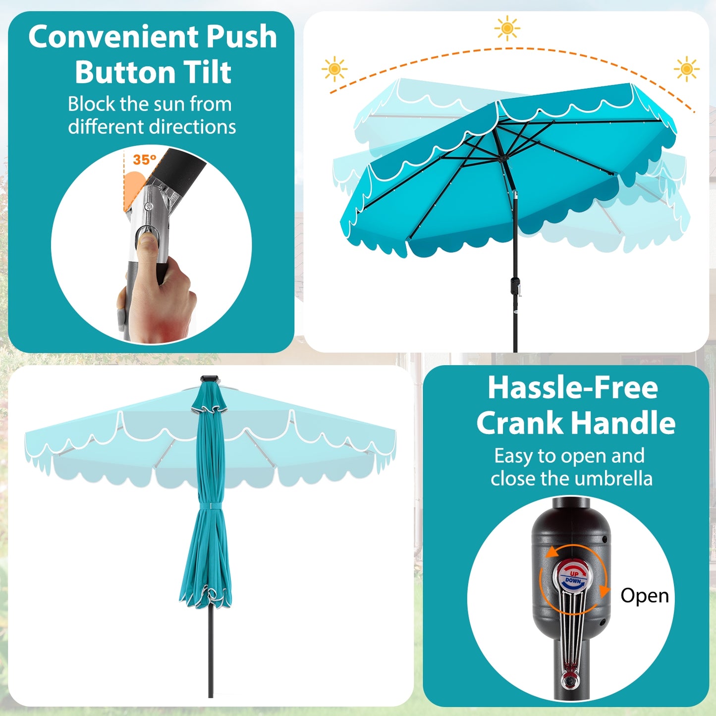 10 Feet Solar Patio Umbrella with 24 LED Lights, Turquoise Outdoor Umbrellas at Gallery Canada