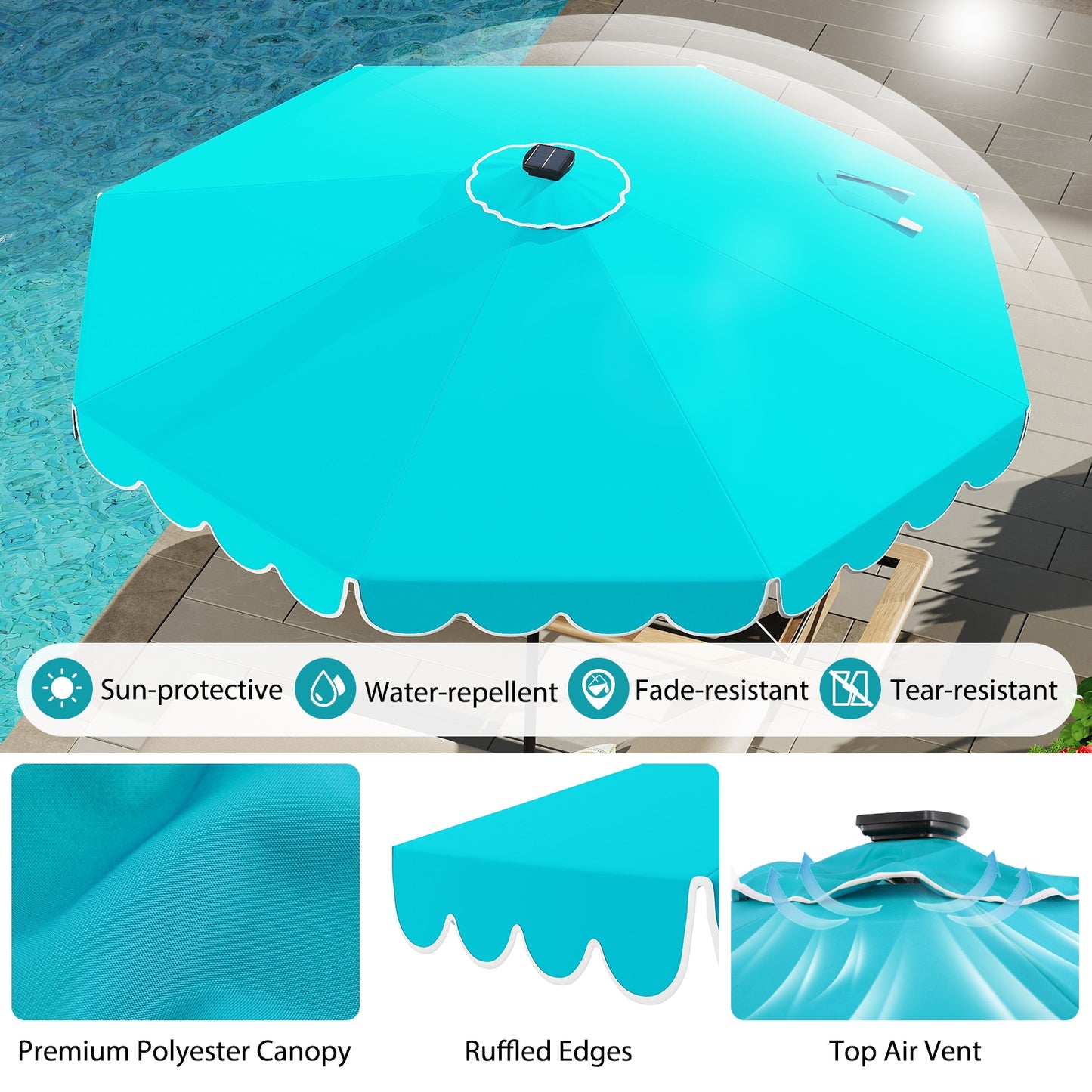 10 Feet Solar Patio Umbrella with 24 LED Lights, Turquoise Outdoor Umbrellas at Gallery Canada