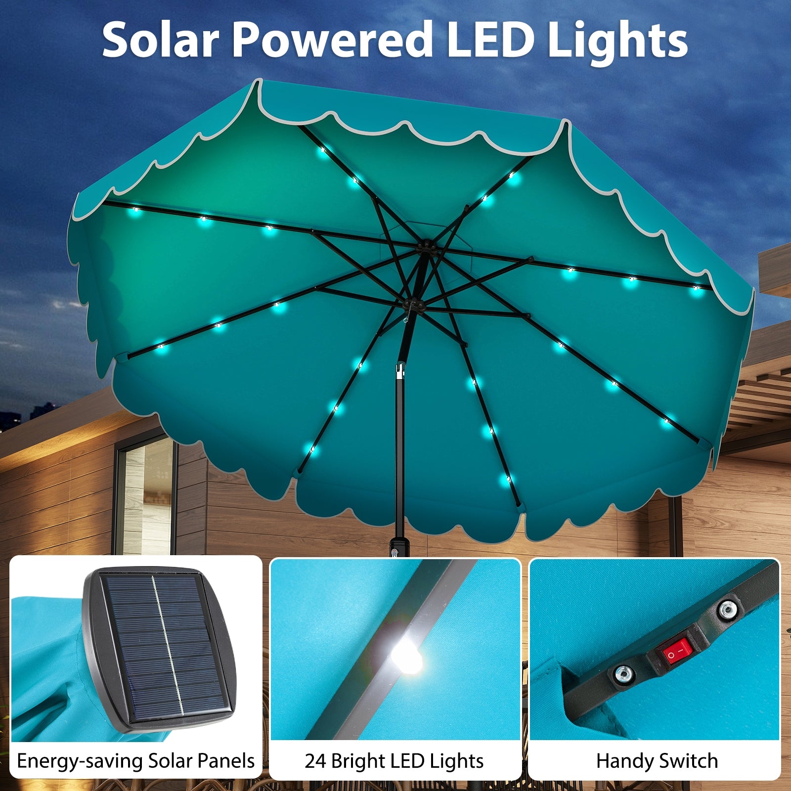 10 Feet Solar Patio Umbrella with 24 LED Lights, Turquoise Outdoor Umbrellas at Gallery Canada