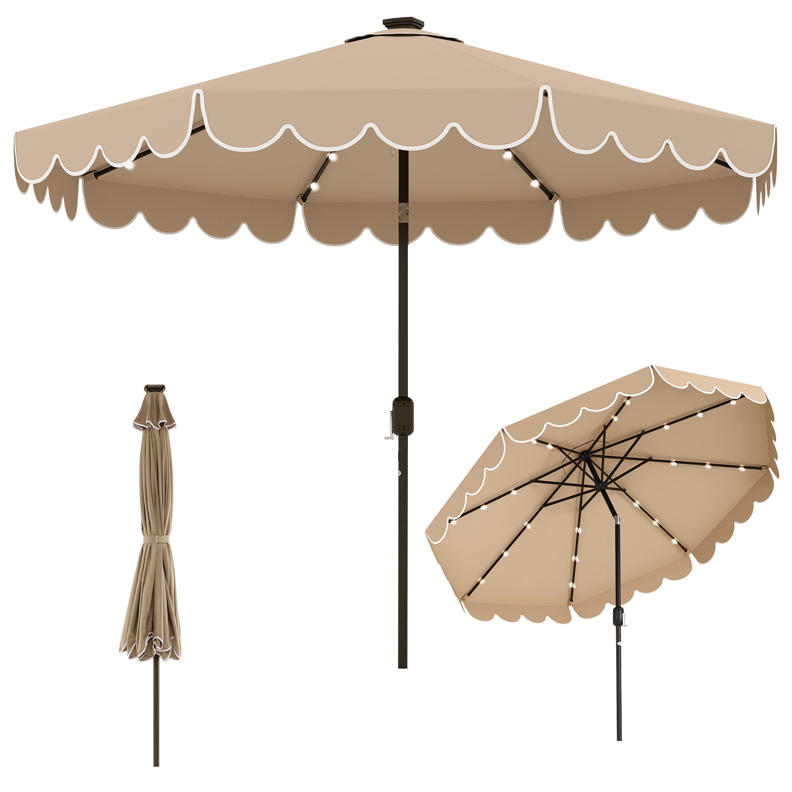 10 Feet Solar Patio Umbrella with 24 LED Lights, Coffee Outdoor Umbrellas at Gallery Canada