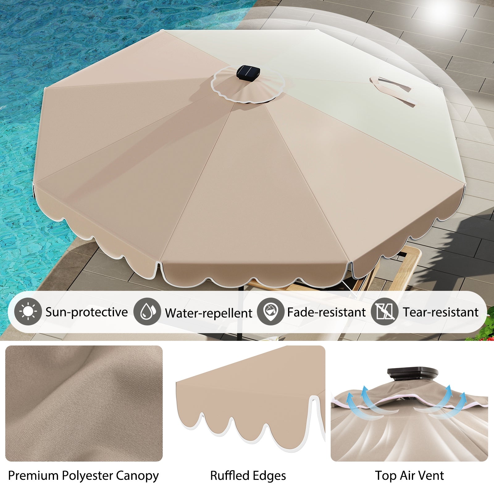 10 Feet Solar Patio Umbrella with 24 LED Lights, Coffee Outdoor Umbrellas at Gallery Canada