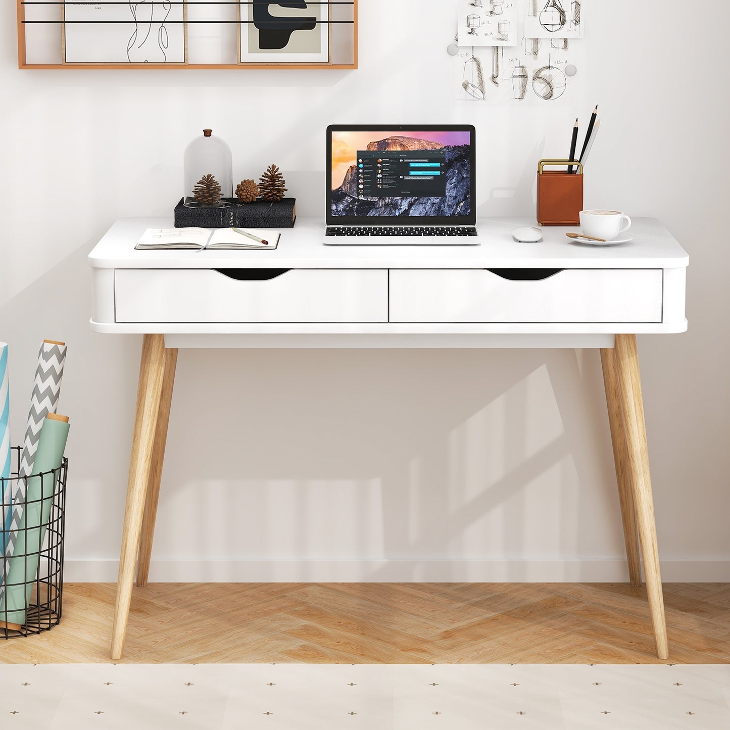 43.5 Inch Computer Desk with 2 Drawers for Small Spaces, White Computer Desks at Gallery Canada