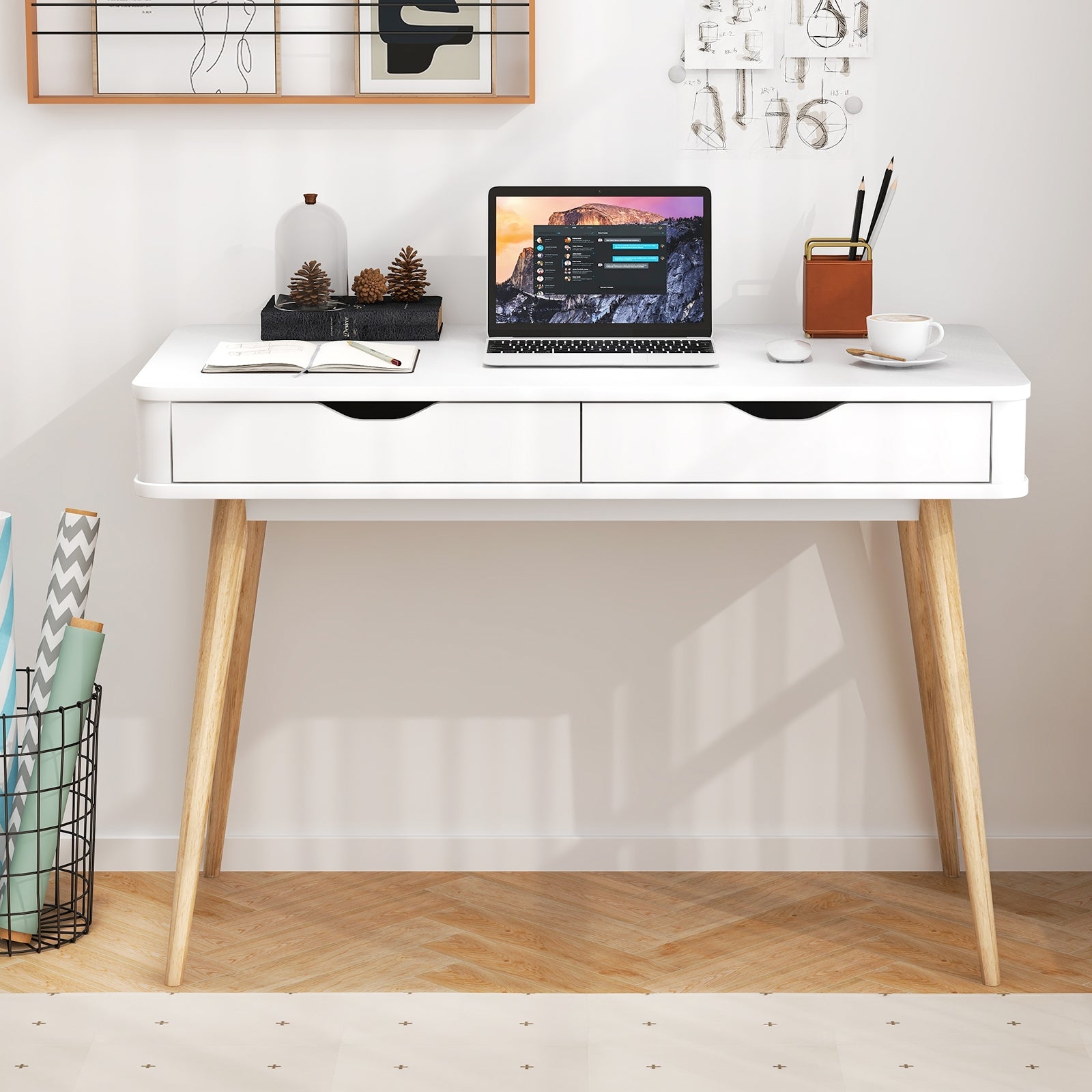 43.5 Inch Computer Desk with 2 Drawers for Small Spaces, White Computer Desks at Gallery Canada