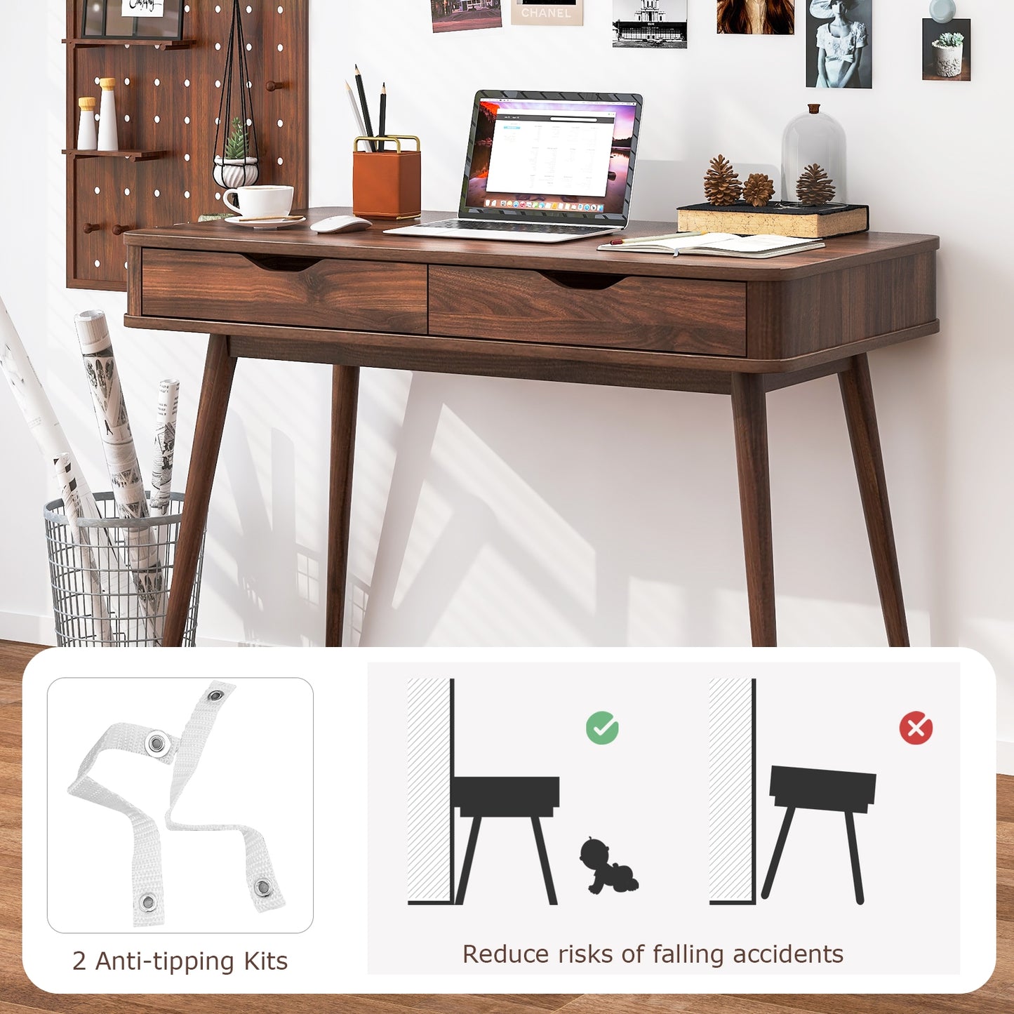 43.5 Inch Computer Desk, 2 Drawers, Walnut Computer Desks at Gallery Canada