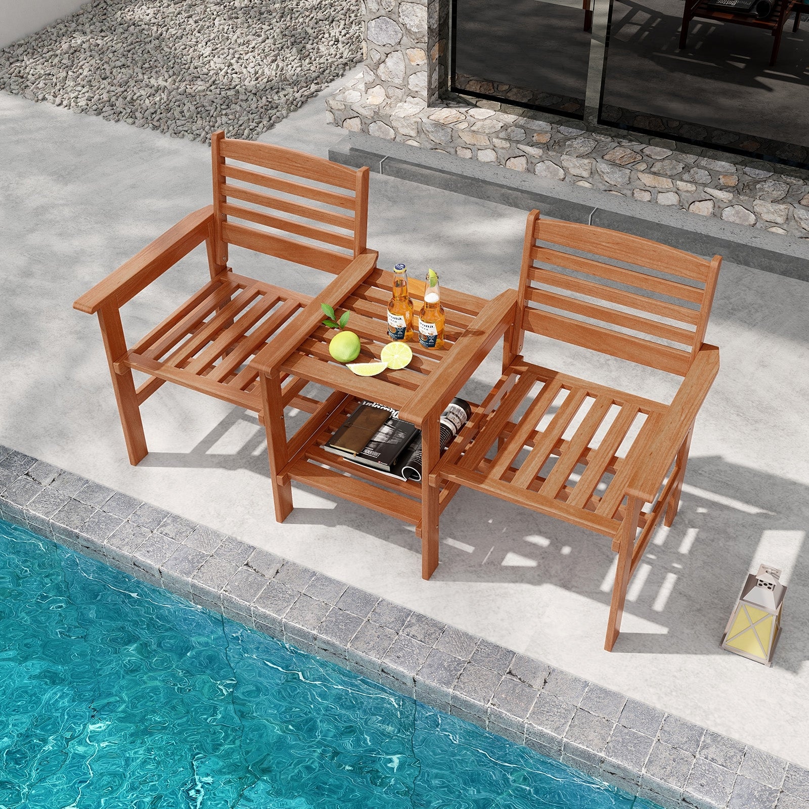 Outdoor Patio Wood 2-Seat Conversation Set with Coffee Table and Umbrella Hole, Natural Patio Conversation Sets at Gallery Canada