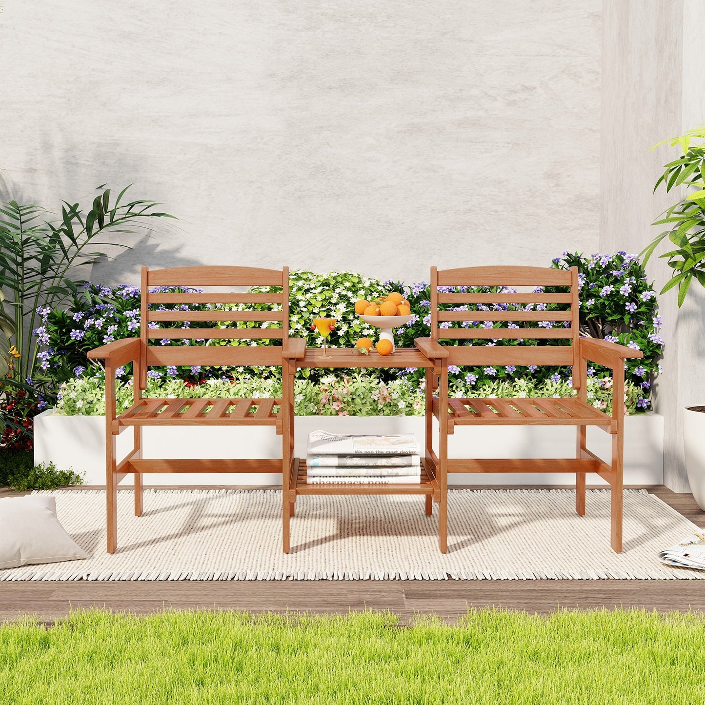 Outdoor Patio Wood 2-Seat Conversation Set with Coffee Table and Umbrella Hole, Natural Patio Conversation Sets at Gallery Canada