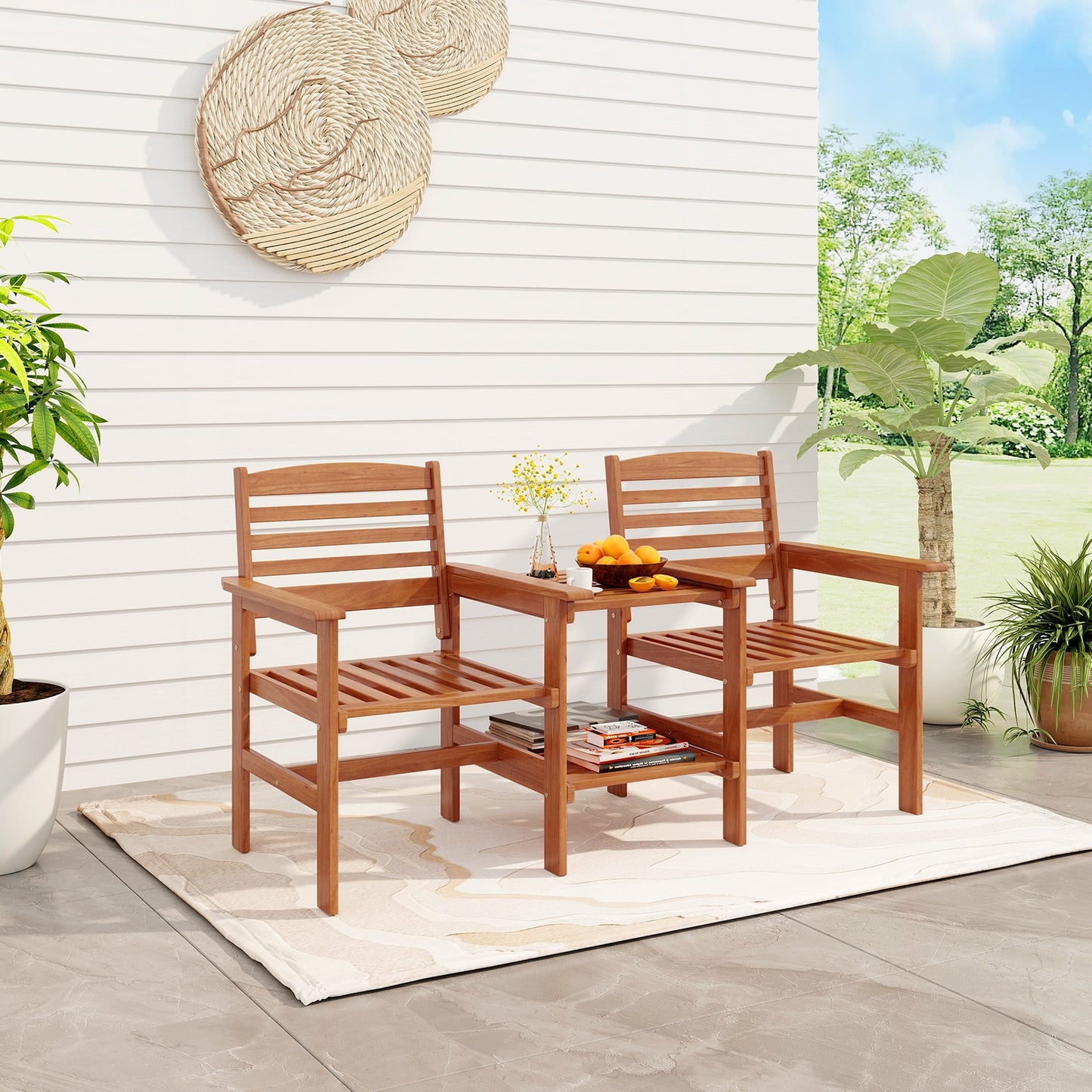 Outdoor Patio Wood 2-Seat Conversation Set with Coffee Table and Umbrella Hole, Natural Patio Conversation Sets at Gallery Canada