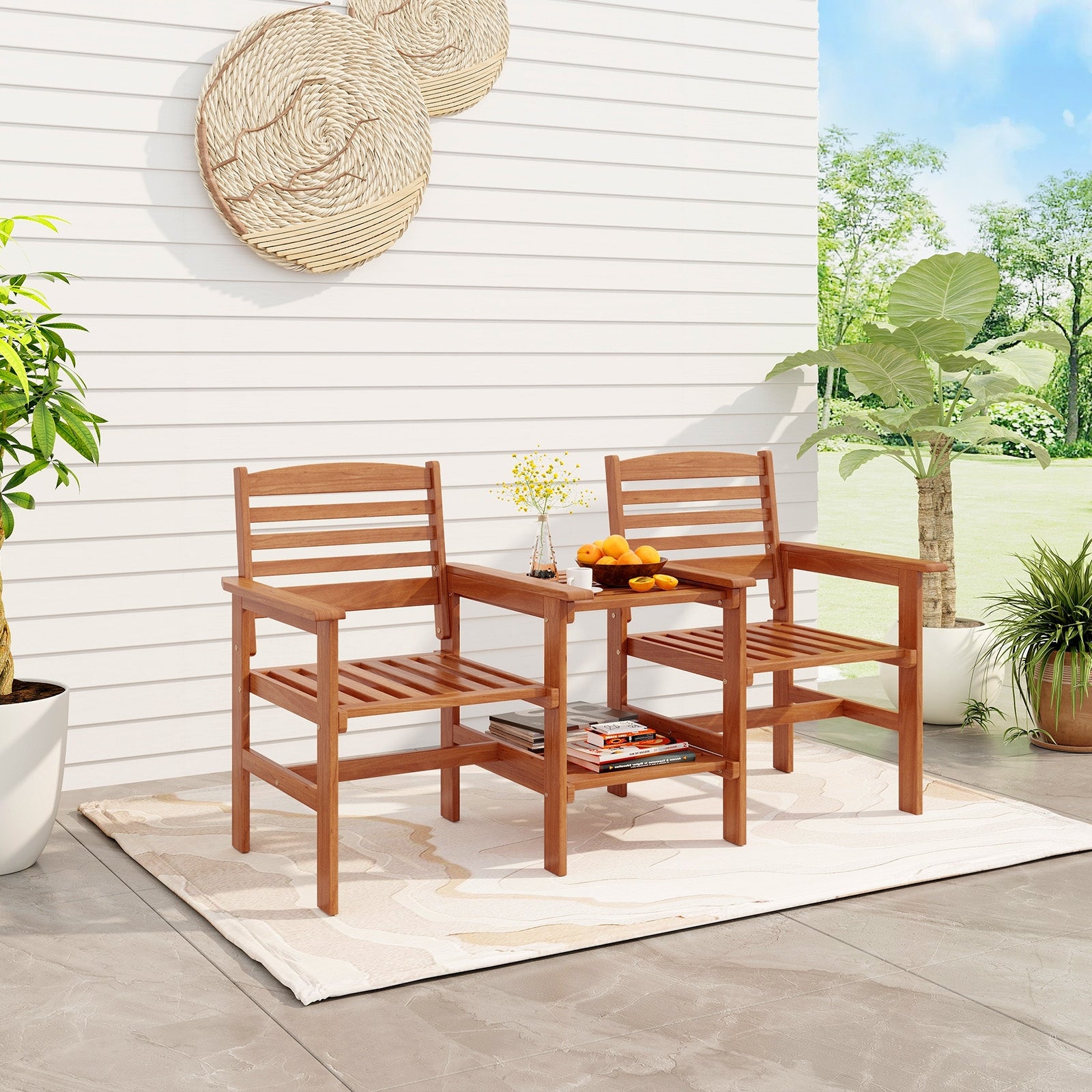 Outdoor Patio Wood 2-Seat Conversation Set with Coffee Table and Umbrella Hole, Natural Patio Conversation Sets at Gallery Canada