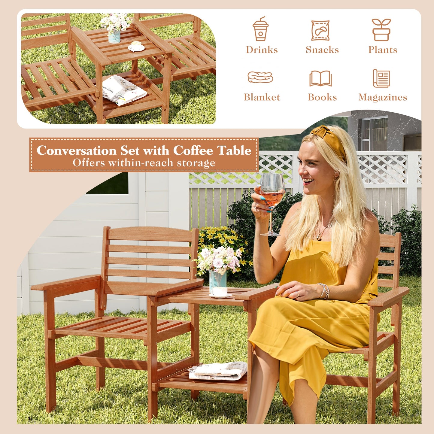 Outdoor Patio Wood 2-Seat Conversation Set with Coffee Table and Umbrella Hole, Natural Patio Conversation Sets at Gallery Canada