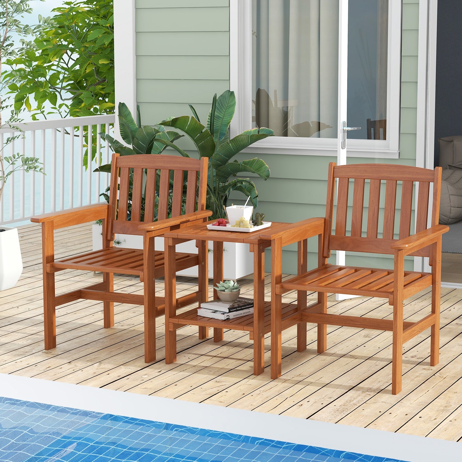 3 Piece Patio Bistro Table and Chairs Set with Umbrella Hole, Natural Patio Conversation Sets at Gallery Canada