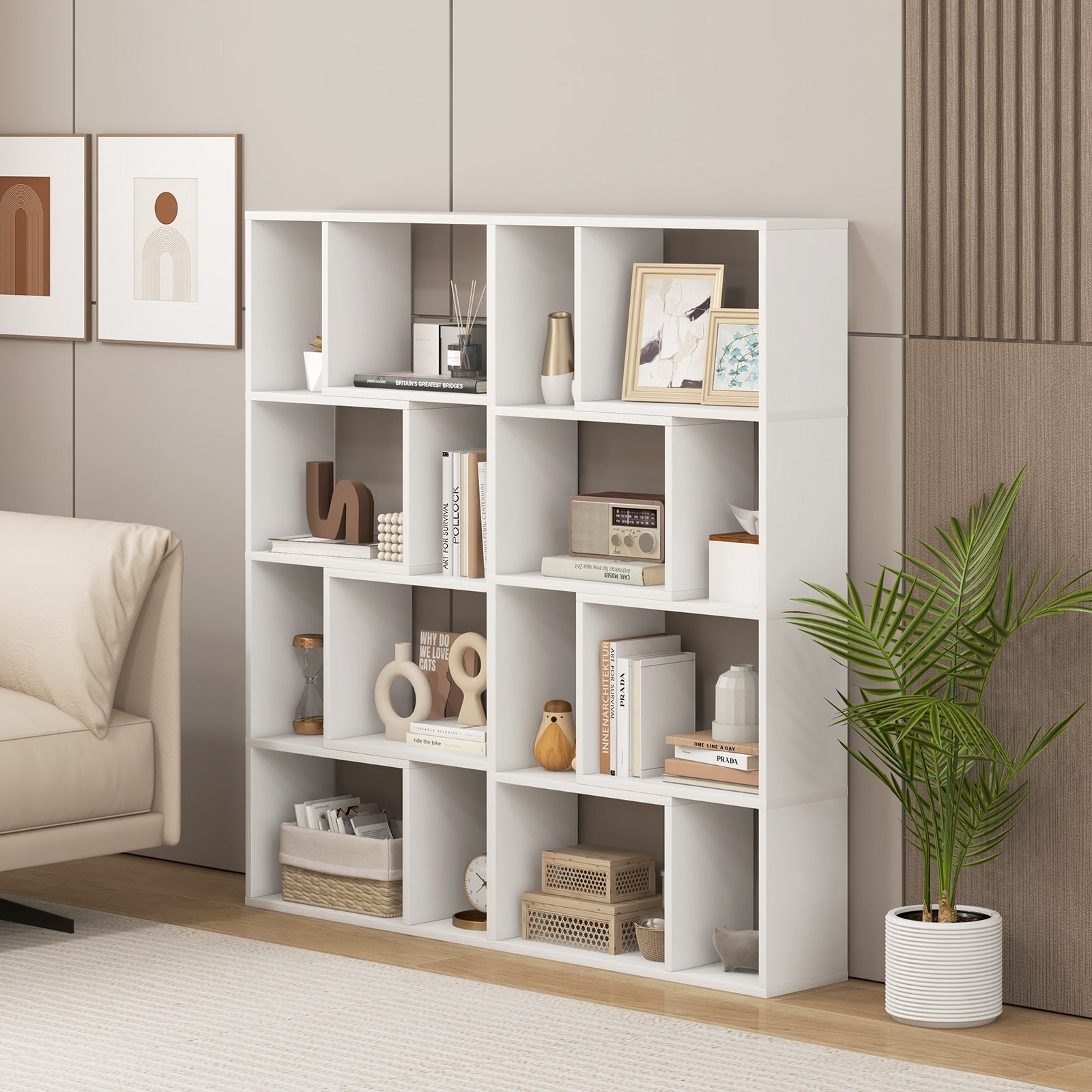 48 Inch 4-Tier Geometric Bookshelf with 8 Cubes for Living Room Bedroom, White Bookcases at Gallery Canada