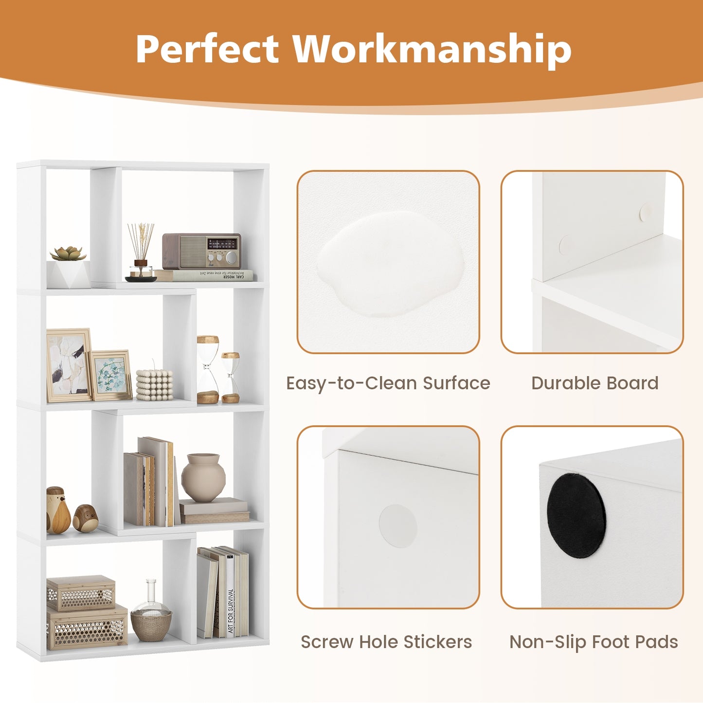 48 Inch 4-Tier Geometric Bookshelf with 8 Cubes for Living Room Bedroom, White Bookcases at Gallery Canada