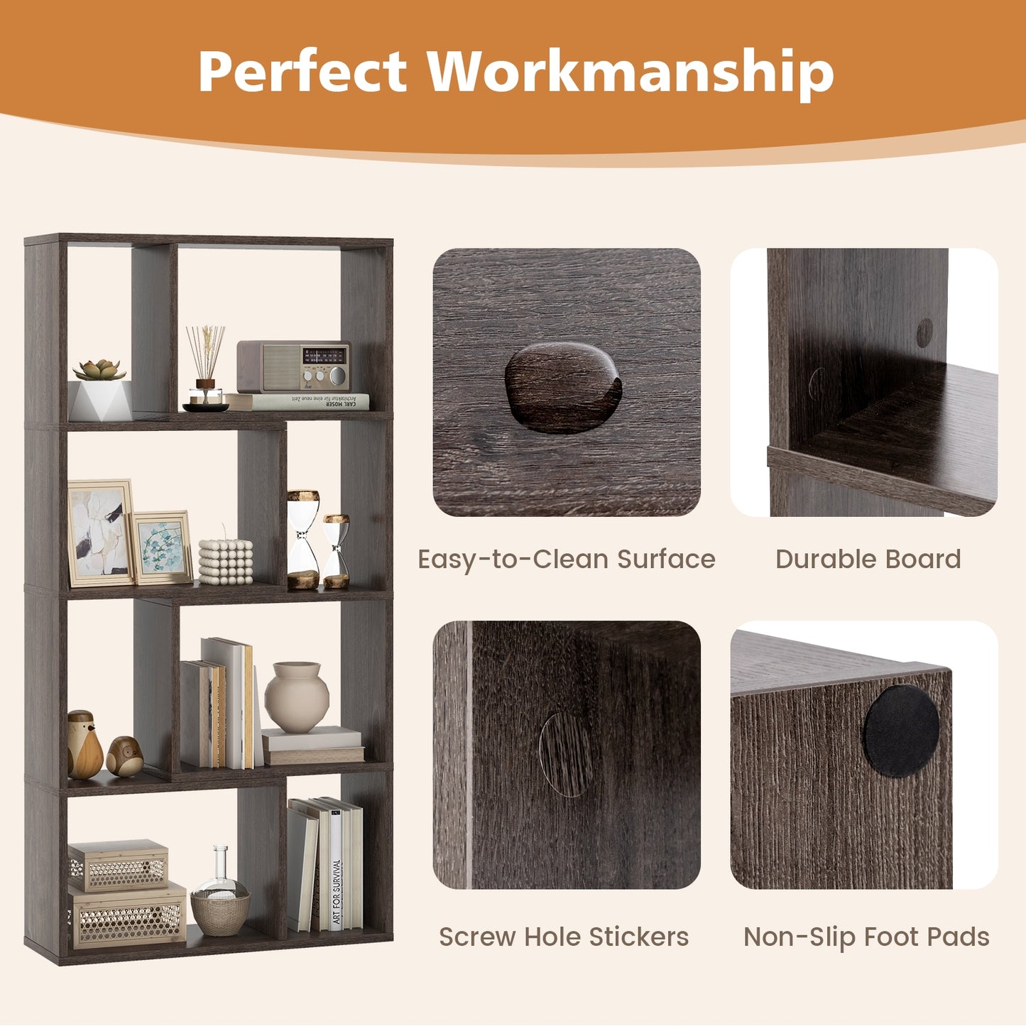 48 Inch 4-Tier Geometric Bookshelf with 8 Cubes for Living Room Bedroom, Gray Bookcases at Gallery Canada