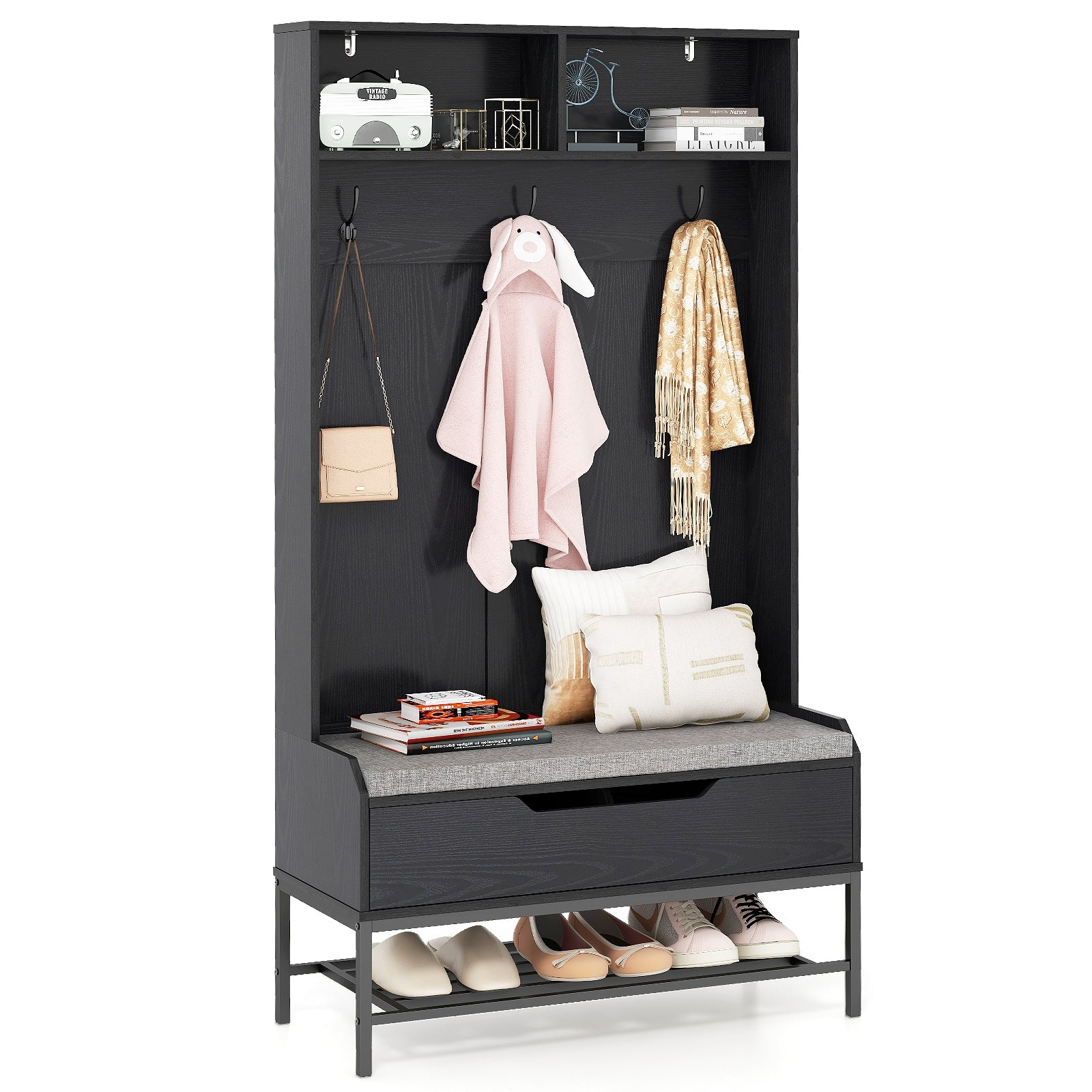69 Inches Tall Hall Tree 4-in-1 Coat Rack with Seat Cushion and Shoe Storage, Black Coat Racks & Hall Trees Black at Gallery Canada