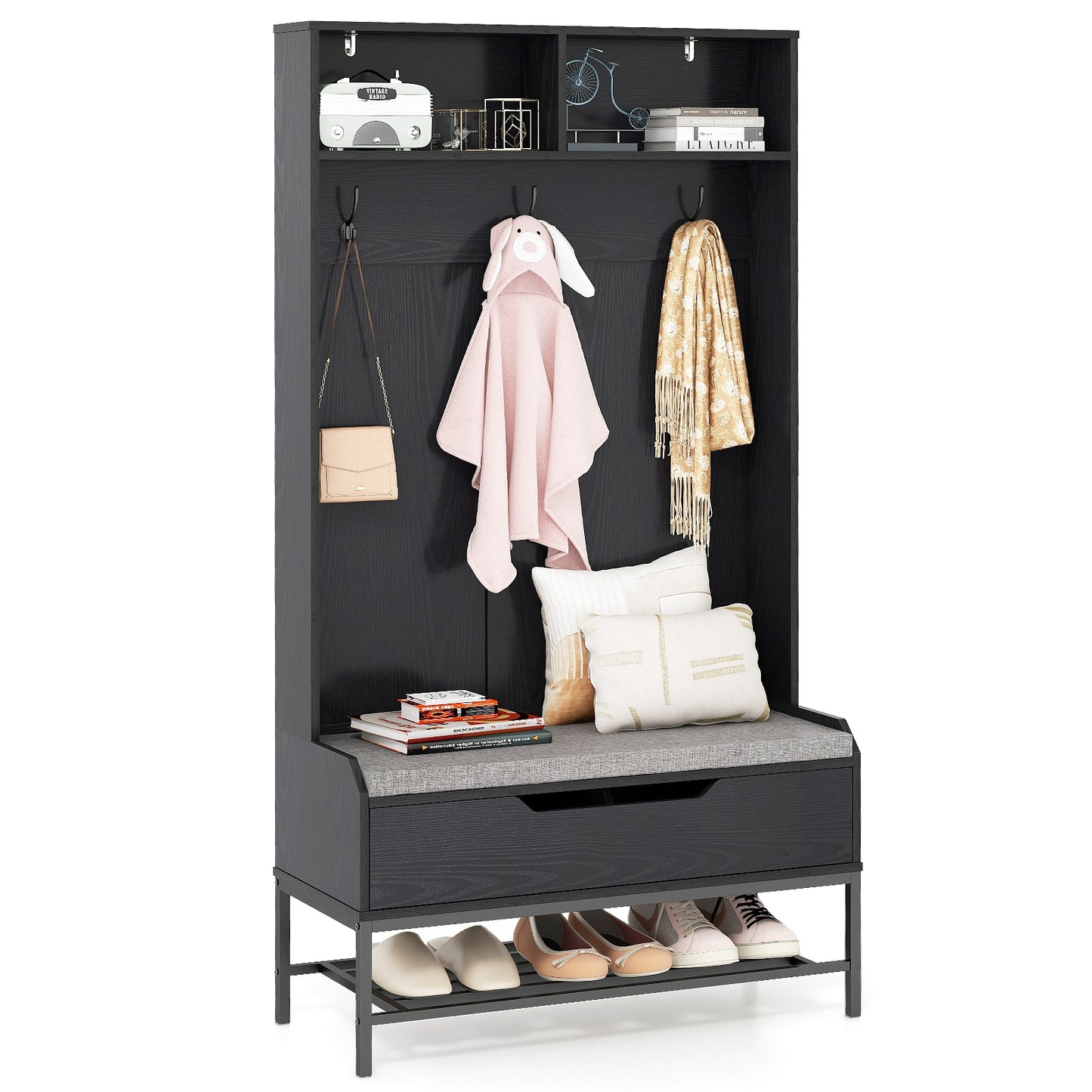 Arbre de hall de 69 pouces de haut, Porte-manteau 4-en-1, Coussin de siège, Rangement à chaussures, Noir
