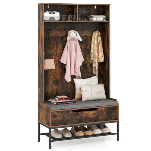 69 Inches Tall Hall Tree 4-in-1 Coat Rack with Seat Cushion and Shoe Storage, Rustic Brown