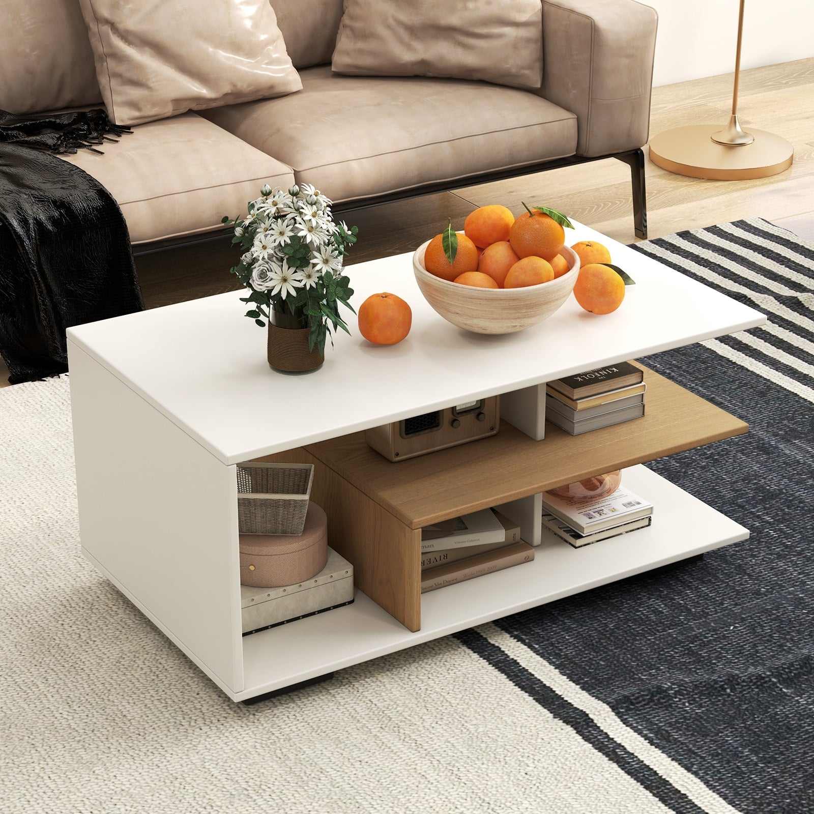 Rectangular Coffee Table, L-Shaped Middle Shelf, White Coffee Tables at Gallery Canada