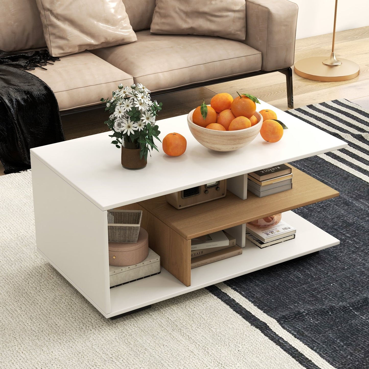 Rectangular Coffee Table, L-Shaped Middle Shelf, White Coffee Tables at Gallery Canada