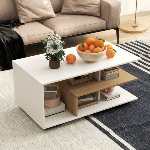 Rectangular Coffee Table, L-Shaped Middle Shelf, White