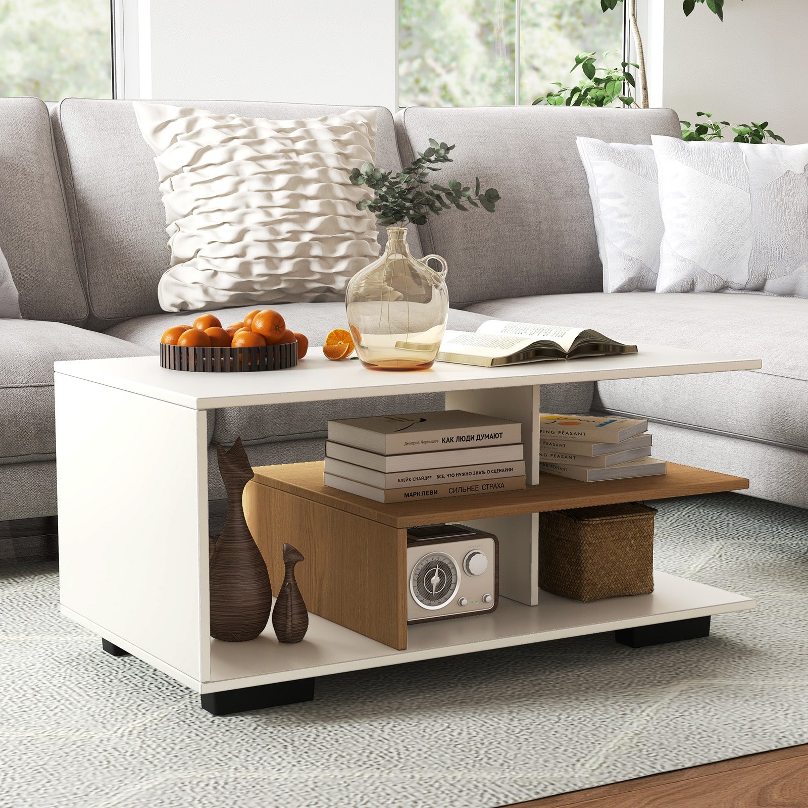 Rectangular Coffee Table, L-Shaped Middle Shelf, White Coffee Tables at Gallery Canada
