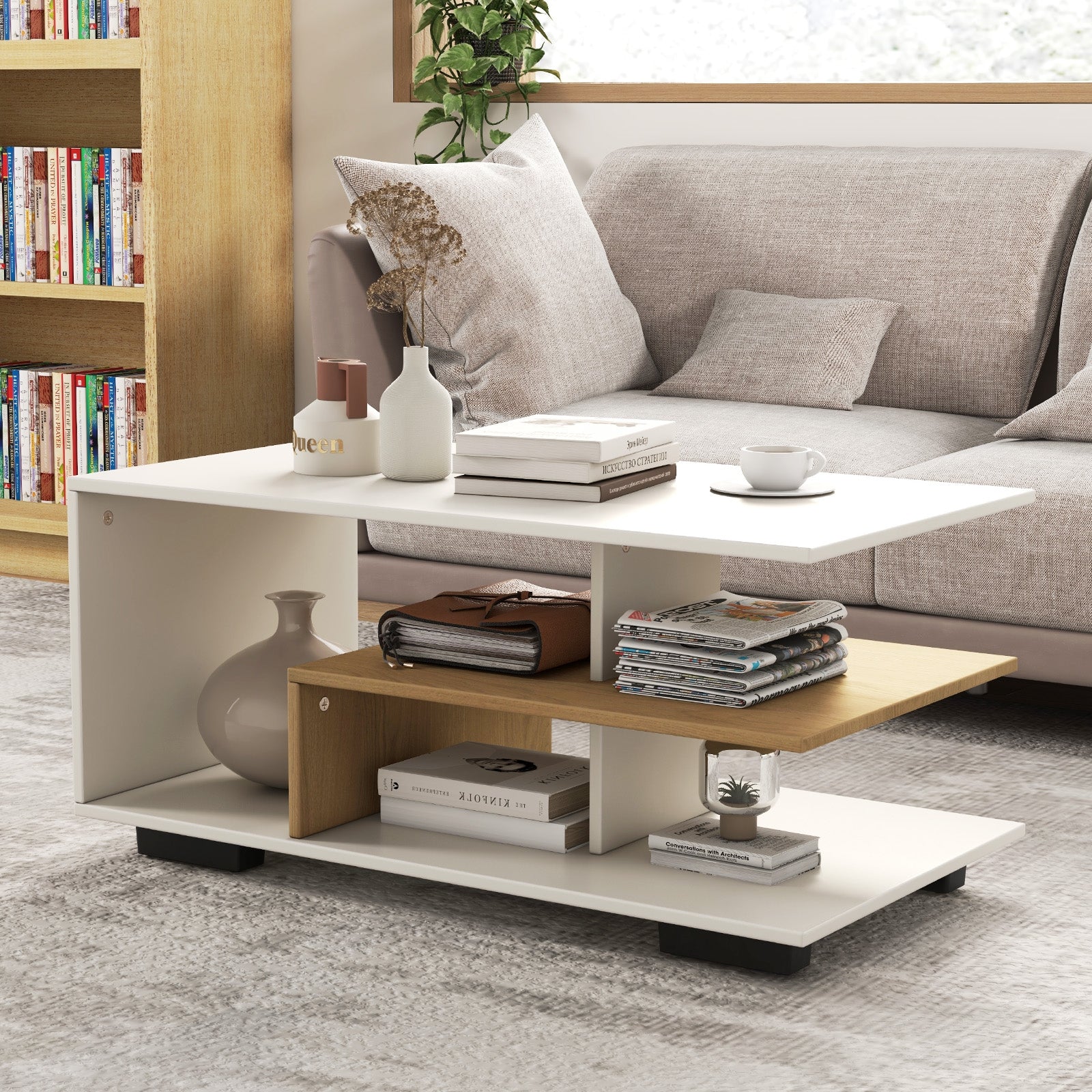 Rectangular Coffee Table, L-Shaped Middle Shelf, White Coffee Tables at Gallery Canada