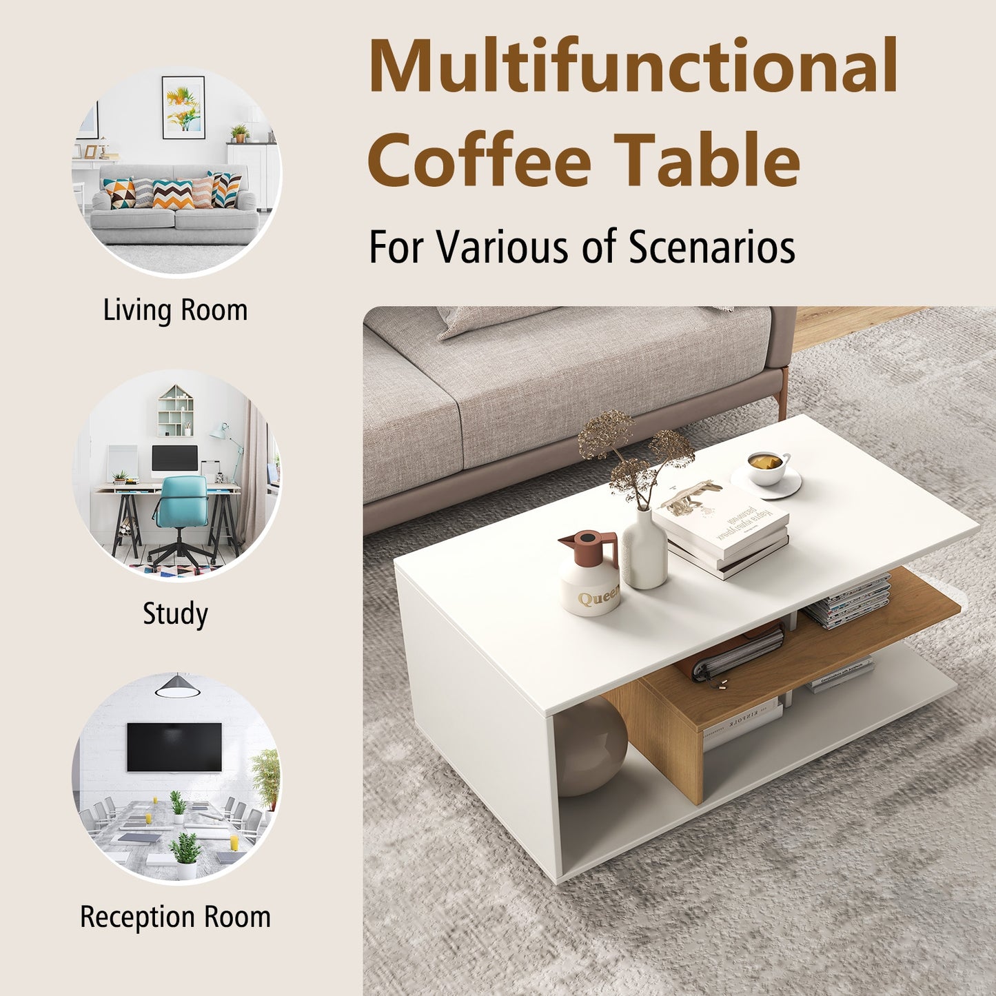 Rectangular Coffee Table, L-Shaped Middle Shelf, White Coffee Tables at Gallery Canada