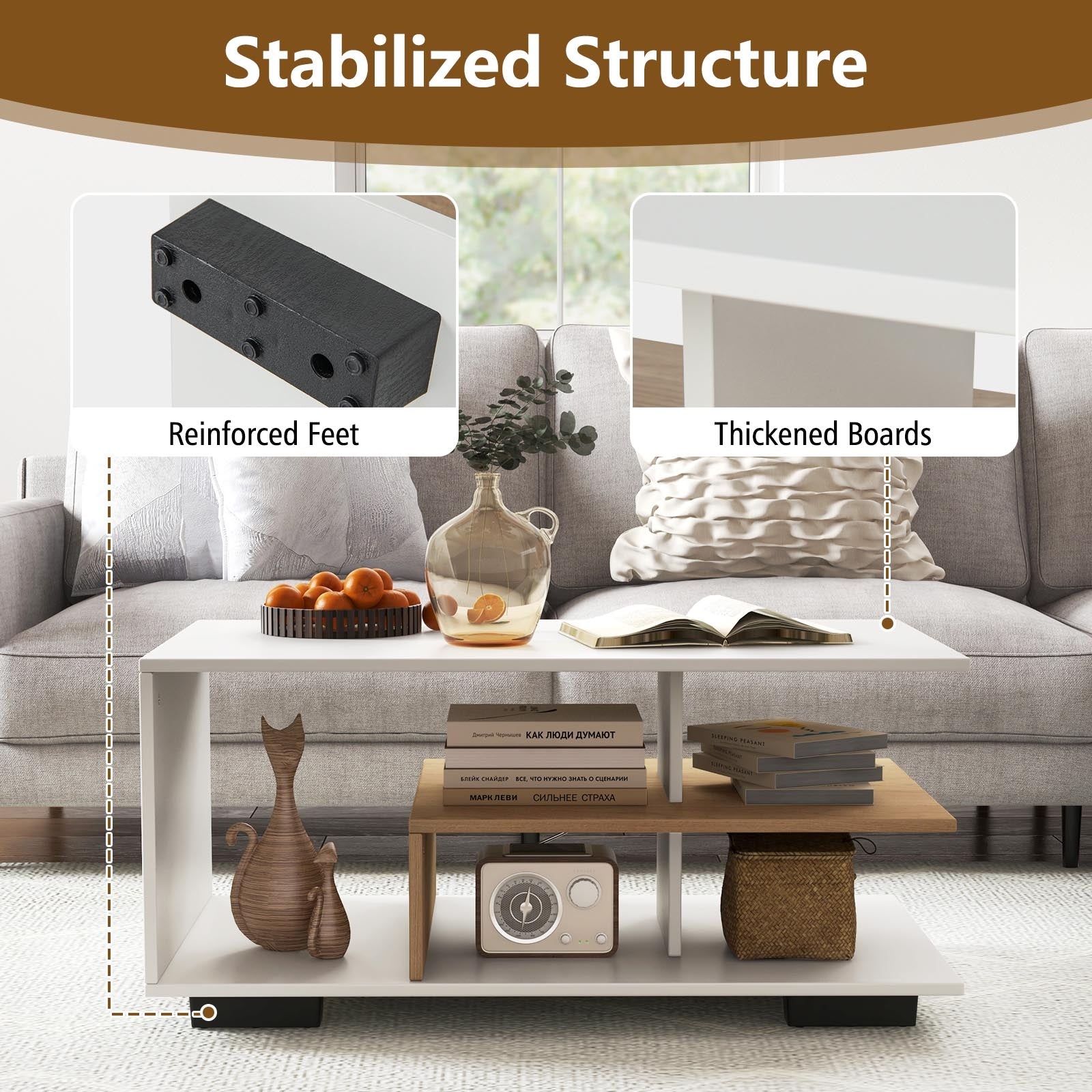 Rectangular Coffee Table, L-Shaped Middle Shelf, White Coffee Tables at Gallery Canada